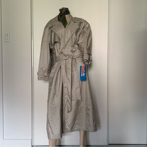 Vintage | New with tags | Silver rainproof trench coat | Belted, shoulder pads